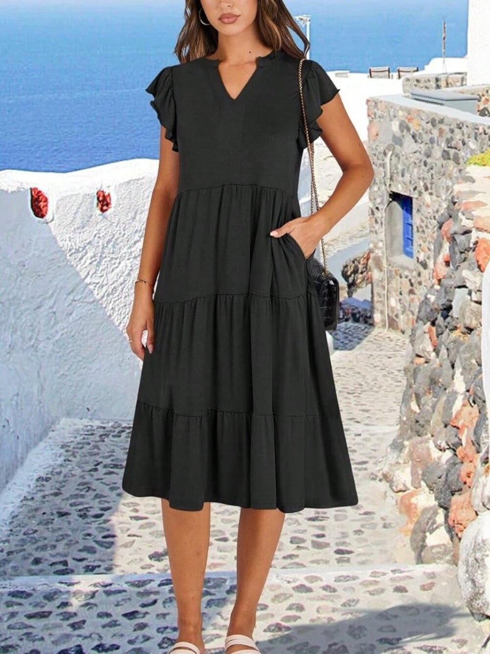 Black Vintage Women's V-Neck Ruffle Sleeve Midi Dress